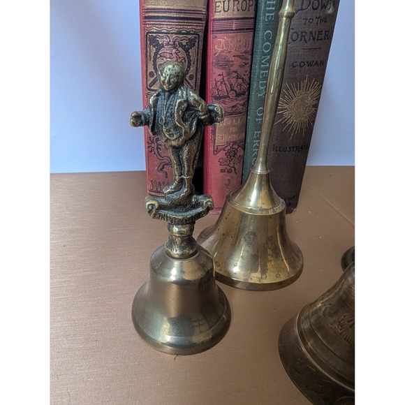 Vintage Brass Bells Set of 4 Unicorn Man Figurine Engraved Etched‎ - Picture 3 of 9